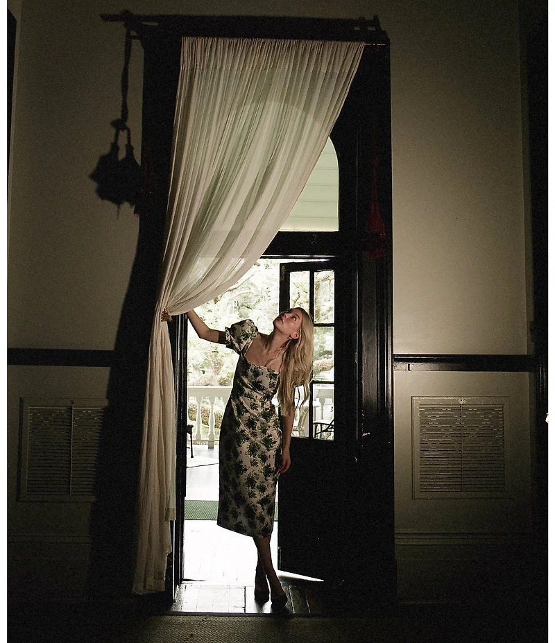 Damaris Bailey Puff Sleeve Silk Sheath Midi Dress