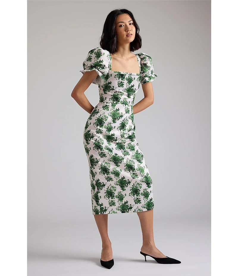 Damaris Bailey Puff Sleeve Silk Sheath Midi Dress
