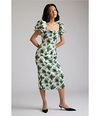 Damaris Bailey Puff Sleeve Silk Sheath Midi Dress