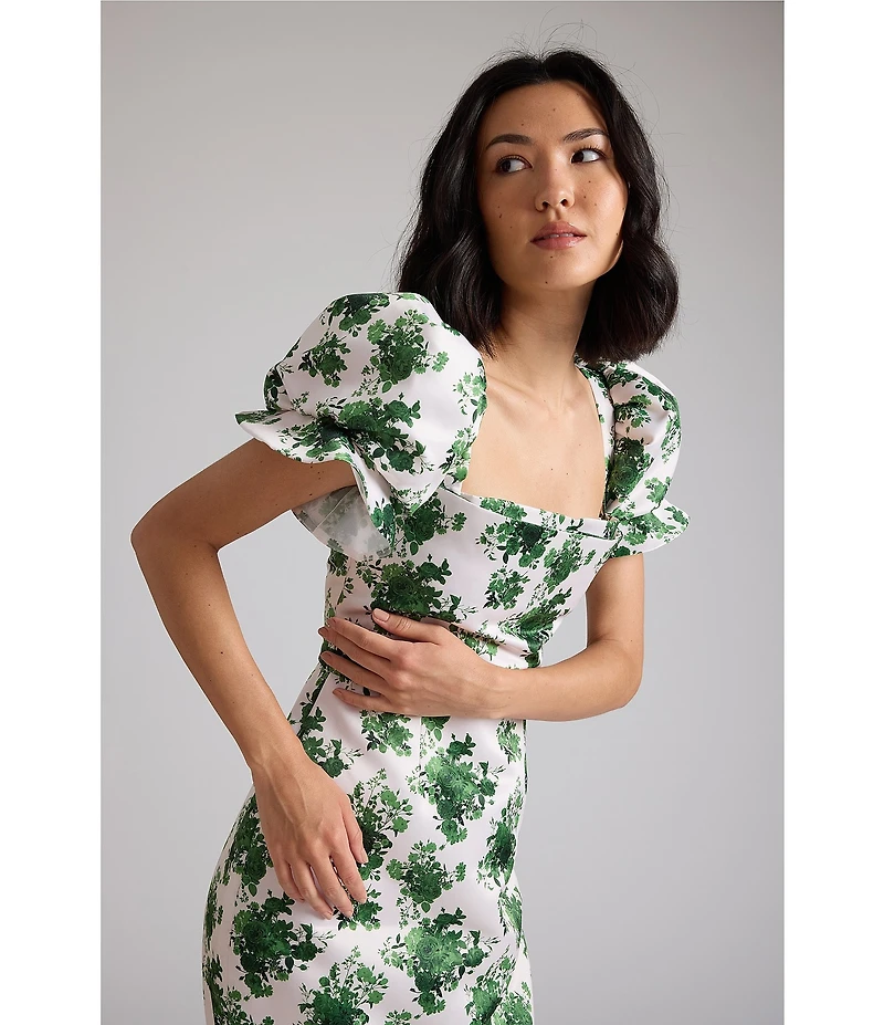 Damaris Bailey Puff Sleeve Silk Sheath Midi Dress