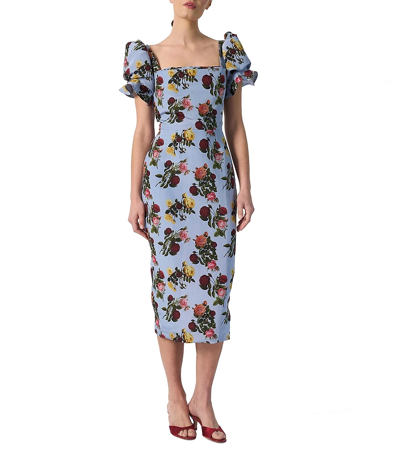 Damaris Bailey Rose Printed Square Neck Short Puff Sleeve Rose Midi Dress