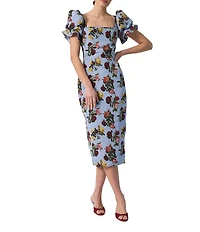 Damaris Bailey Rose Printed Square Neck Short Puff Sleeve Rose Midi Dress