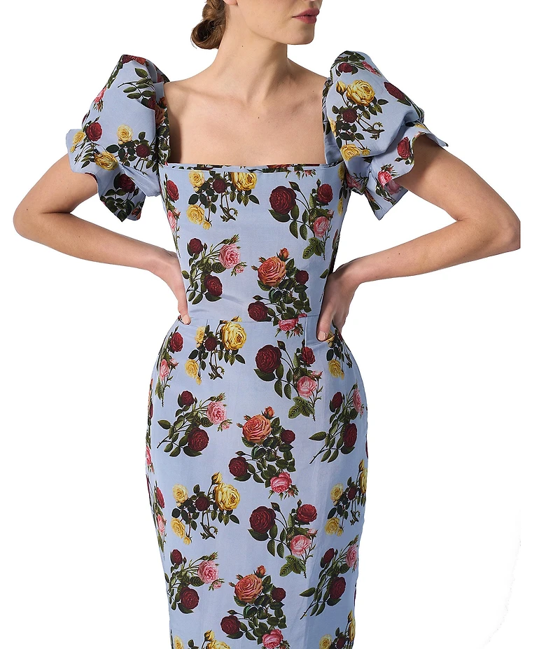 Damaris Bailey Rose Printed Square Neck Short Puff Sleeve Rose Midi Dress