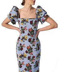 Damaris Bailey Rose Printed Square Neck Short Puff Sleeve Rose Midi Dress