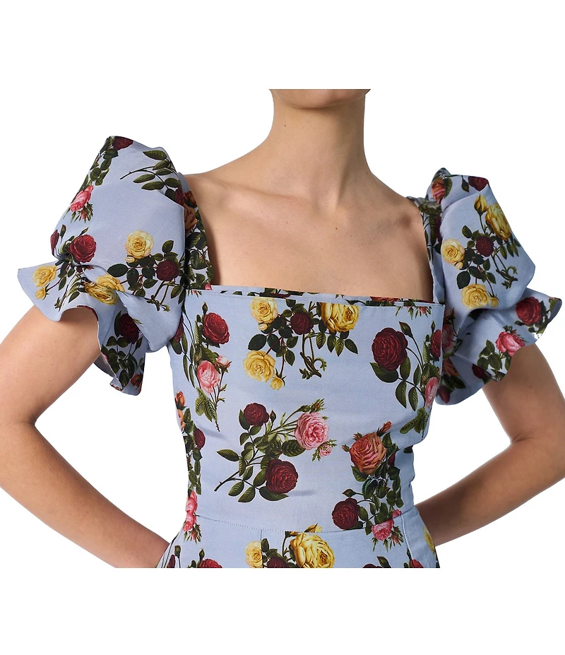 Damaris Bailey Rose Printed Square Neck Short Puff Sleeve Rose Midi Dress