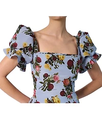 Damaris Bailey Rose Printed Square Neck Short Puff Sleeve Rose Midi Dress