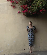 Damaris Bailey Rose Printed Square Neck Short Puff Sleeve Rose Midi Dress