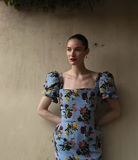Damaris Bailey Rose Printed Square Neck Short Puff Sleeve Rose Midi Dress