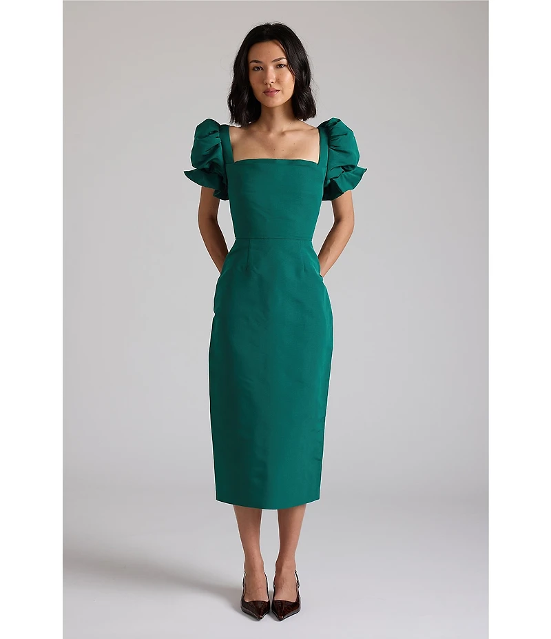 Damaris Bailey Rose Silk Puff Sleeve Pencil Midi Dress