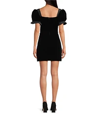 Damaris Bailey Rose Velvet Silk Blend Square Pleated Neckline Short Puff Sleeve Mini Dress