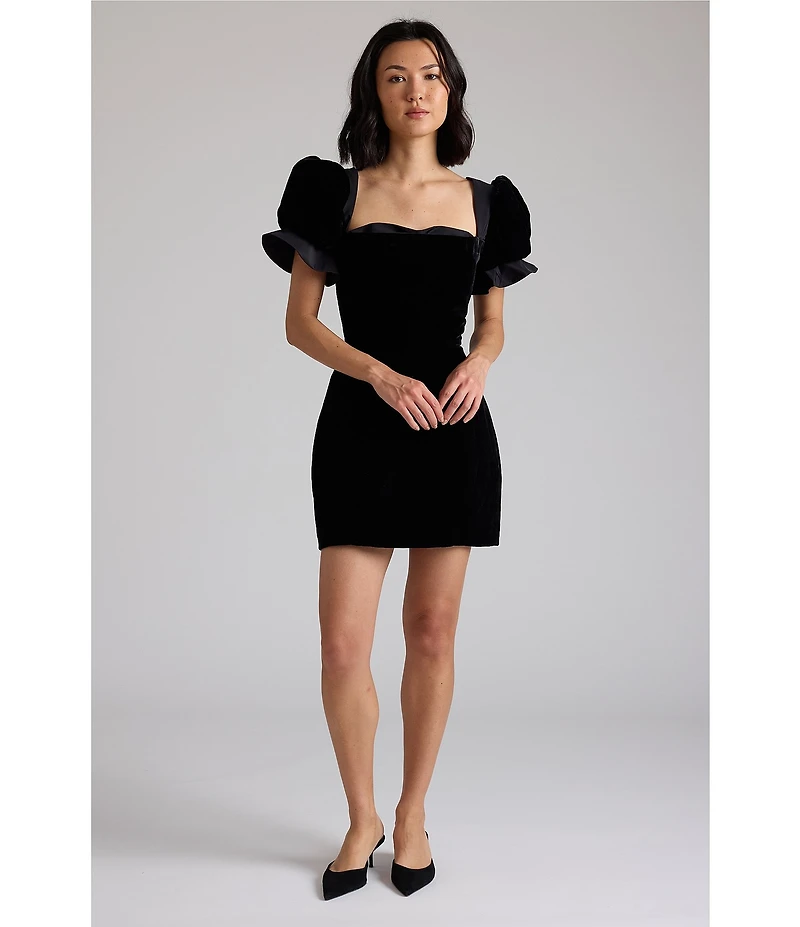 Damaris Bailey Rose Velvet Silk Blend Square Pleated Neckline Short Puff Sleeve Mini Dress