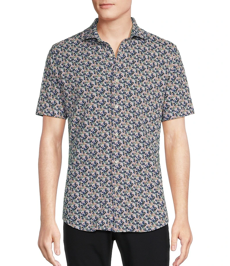 Daniel Cremieux Signature Label Floral Printed Jersey Jacquard Short Sleeve Coatfront Shirt