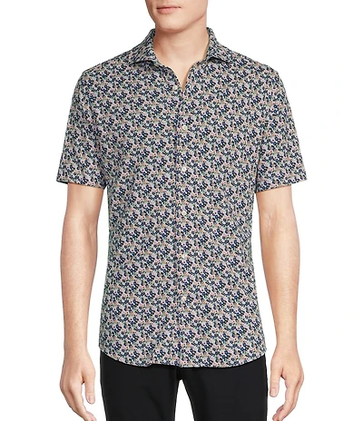 Daniel Cremieux Signature Label Floral Printed Jersey Jacquard Short Sleeve Coatfront Shirt