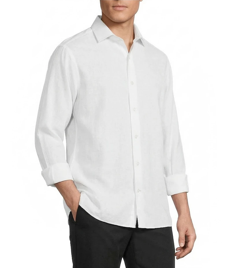 Daniel Cremieux Signature Label Non-Iron Solid Linen Long Sleeve Button Front Woven Shirt