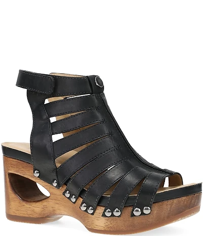 Dansko Adie Leather Cut Out Wood Studded Wedge Gladiator Sandals
