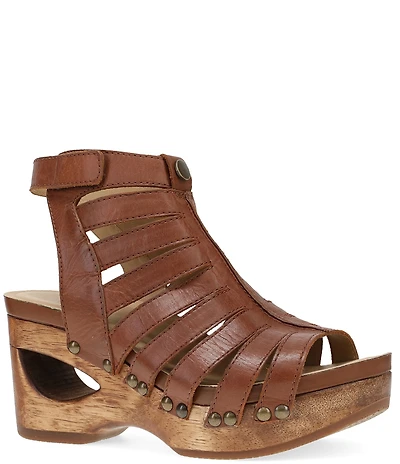 Dansko Adie Leather Cut Out Wood Studded Wedge Gladiator Sandals