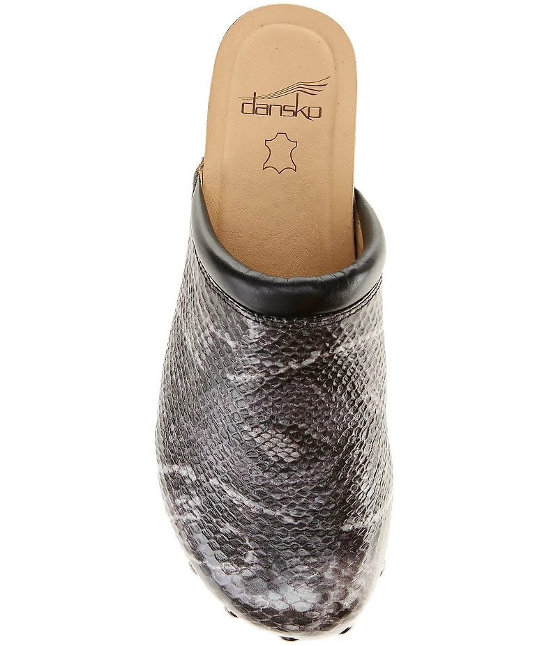 Dansko Andie Snake Print Leather Nail Head Studded Platform Clogs