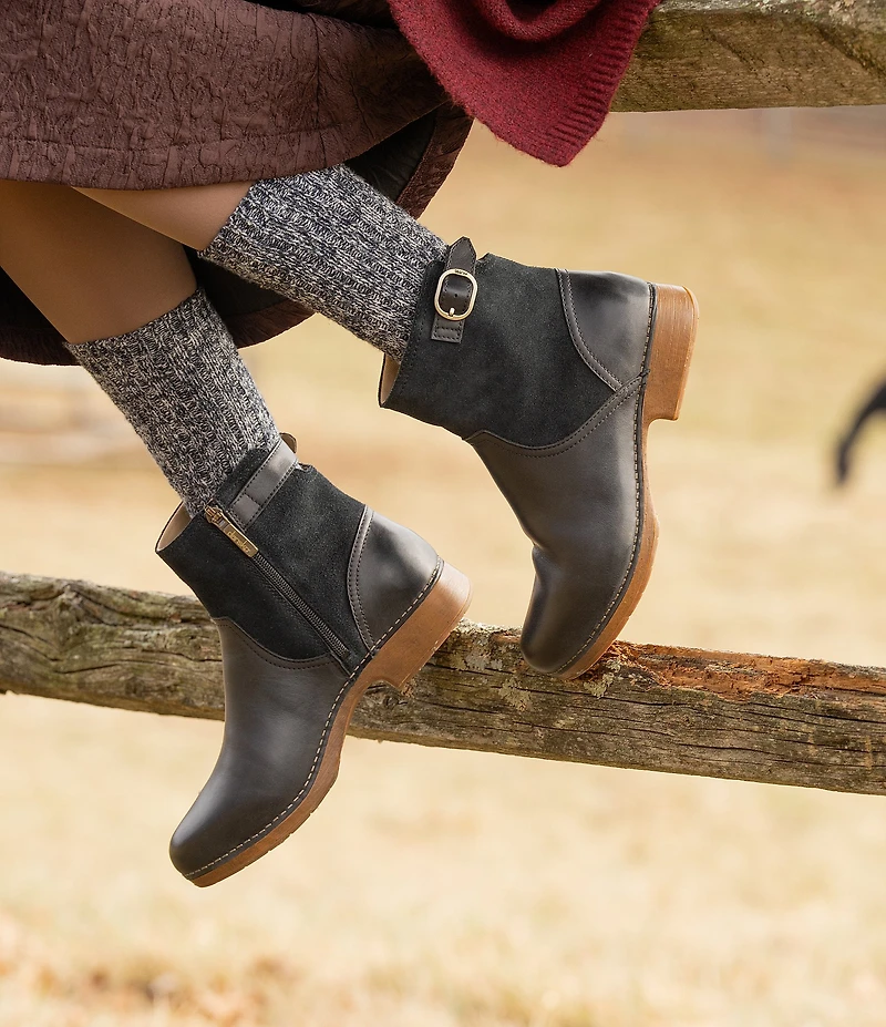 Dansko Monique Leather and Suede Buckle Hardware Booties