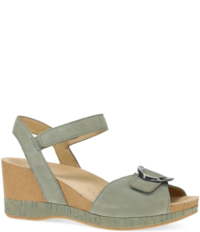 Dansko Stella Nubuck Suede Buckle Hardware Sandal Wedges