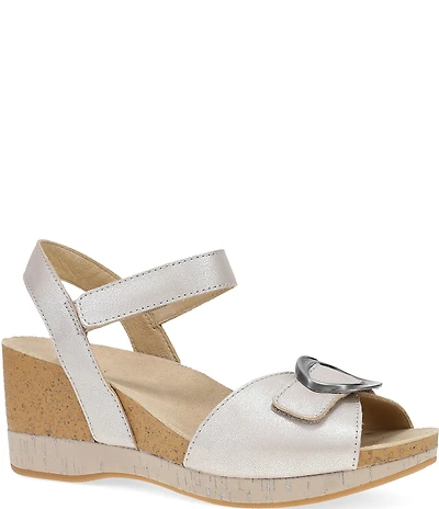 Dansko Stella Pearlized Leather Buckle Hardware Wedge Sandals