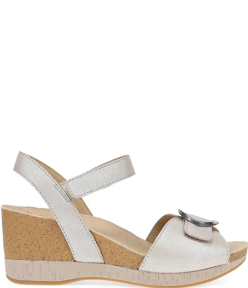 Dansko Stella Pearlized Leather Buckle Hardware Wedge Sandals