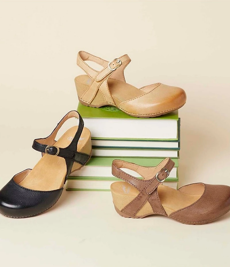 Dansko Tiffani Burnished Leather Ankle Strap Clog Pumps