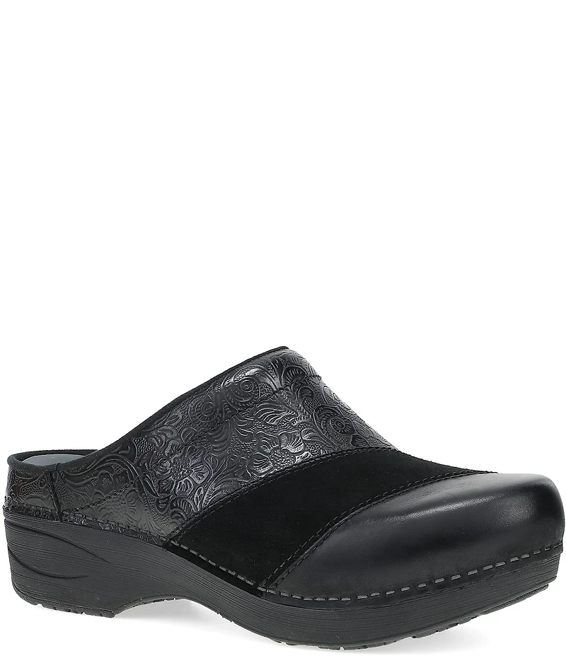 Dansko Zinnia Embossed Leather Suede Patchwork Clogs