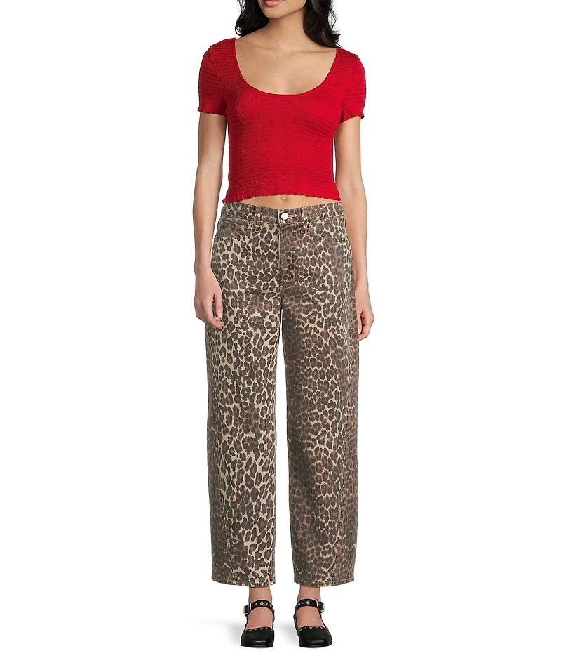Daze Barrell Leg Mid Rise Leopard Print Denim Jeans