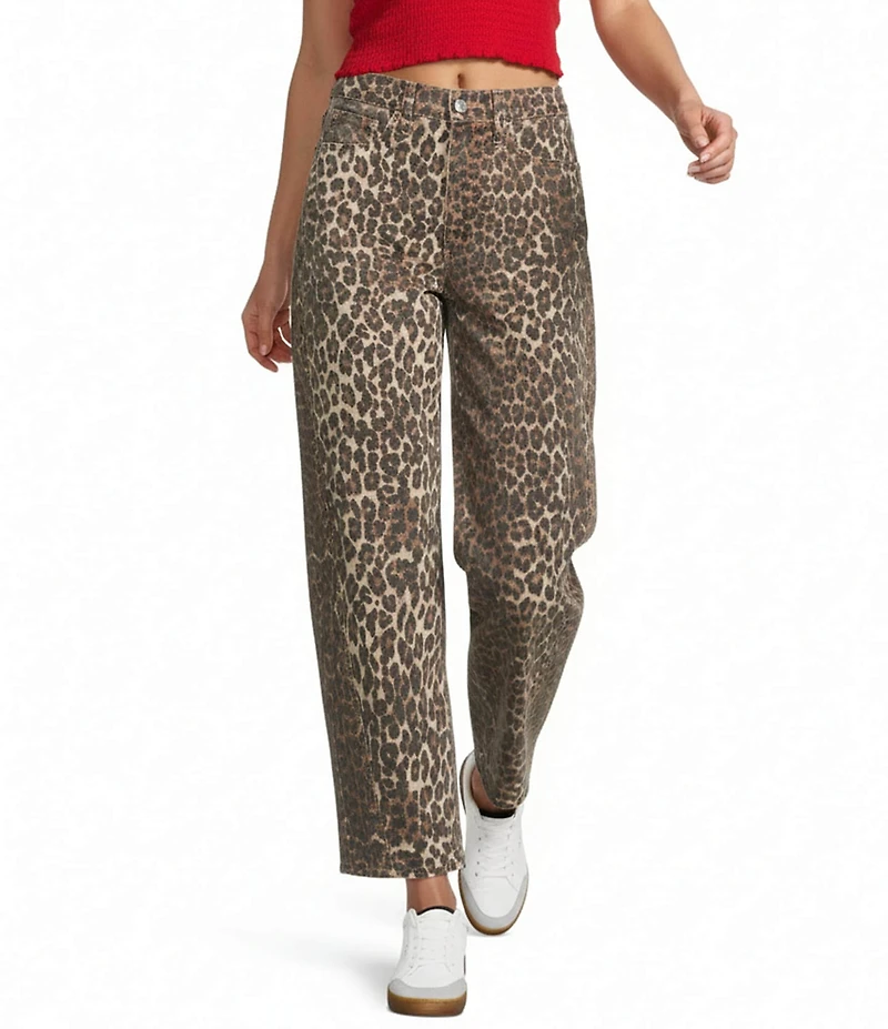 Daze Barrell Leg Mid Rise Leopard Print Denim Jeans