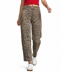 Daze Barrell Leg Mid Rise Leopard Print Denim Jeans