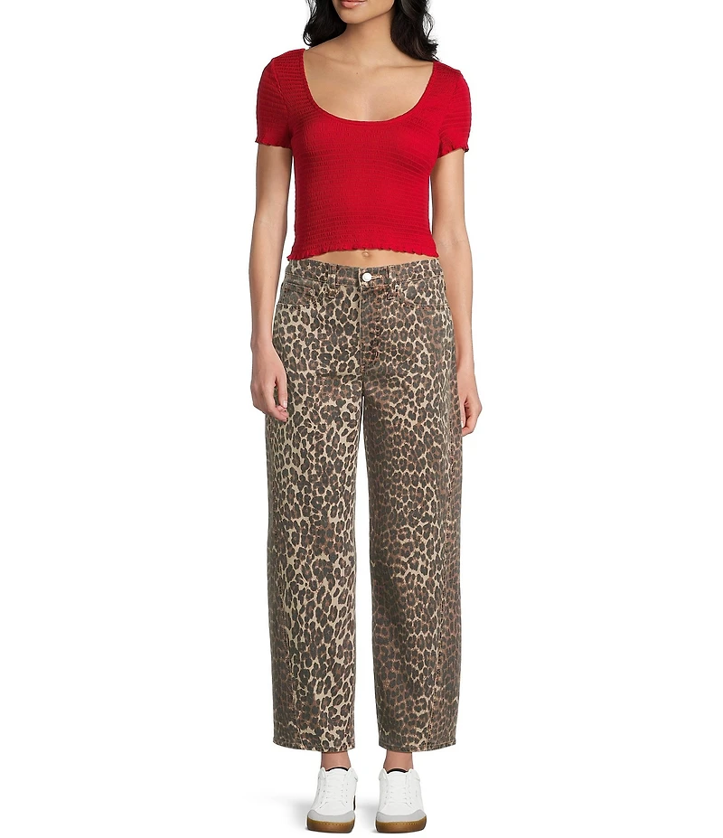 Daze Barrell Leg Mid Rise Leopard Print Denim Jeans