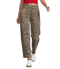 Daze Barrell Leg Mid Rise Leopard Print Denim Jeans