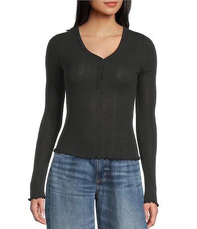 Daze Long-Sleeve Pointelle Henley Knit Top
