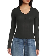 Daze Long-Sleeve Pointelle Henley Knit Top