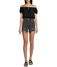 Daze The Knockout Distressed Frayed Hem High Rise Denim Shorts