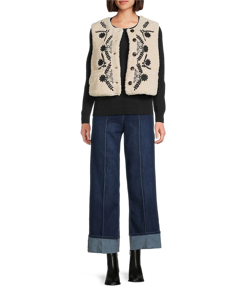 Dear John Adelaide Embroidered Round Neck Sleeveless Sherpa Vest