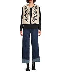Dear John Adelaide Embroidered Round Neck Sleeveless Sherpa Vest