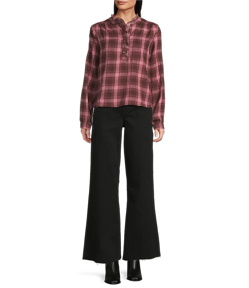 Dear John Chatra Plaid Woven Ruffled Crew Neck Long Sleeve Shirt