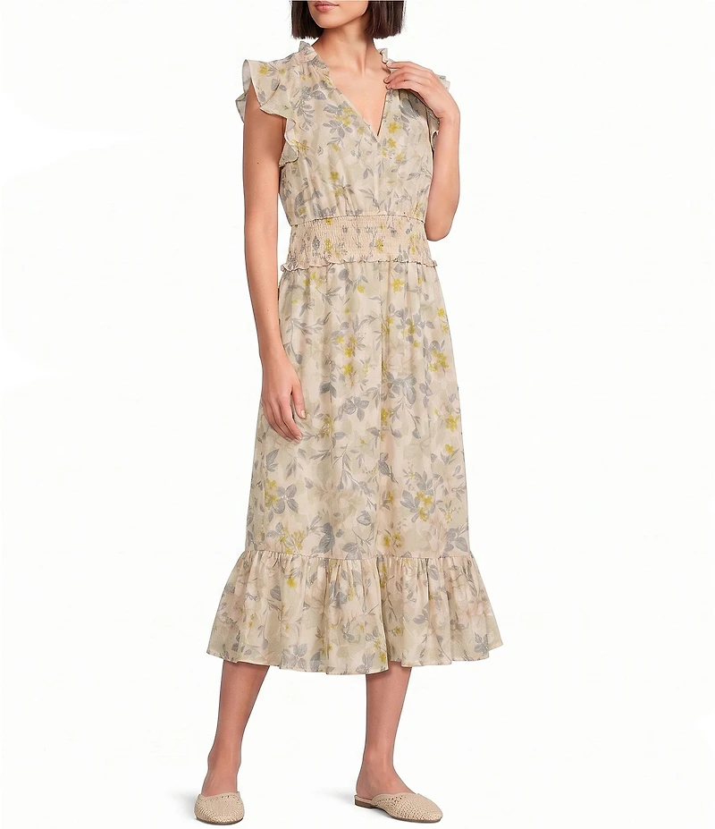 Dear John Ishani Woven Print V-Neck Short Sleeve Maxi Length A-Line Dress