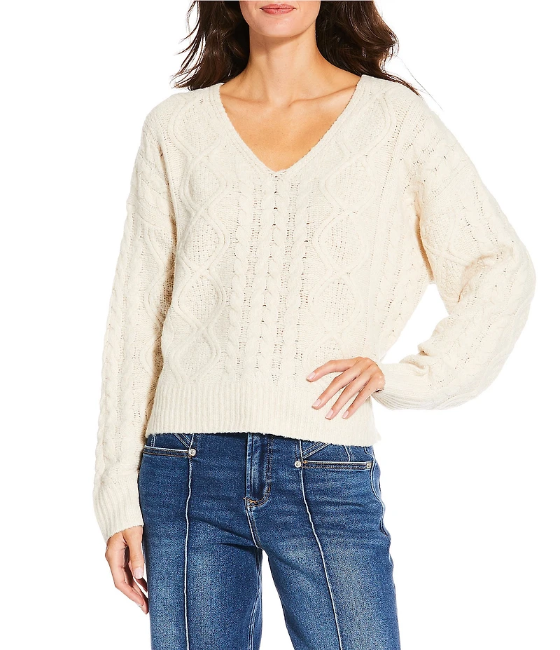 Dear John Lexi Wool Blend Cable Knit V-Neck Long Sleeve Sweater