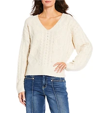 Dear John Lexi Wool Blend Cable Knit V-Neck Long Sleeve Sweater