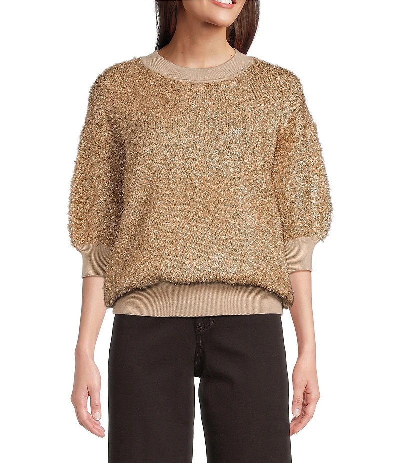 Dear John Maleni Knit Metallic Round Neck 3/4 Puff Sleeve Top