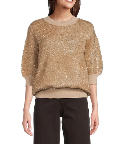 Dear John Maleni Knit Metallic Round Neck 3/4 Puff Sleeve Top