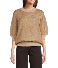 Dear John Maleni Knit Metallic Round Neck 3/4 Puff Sleeve Top
