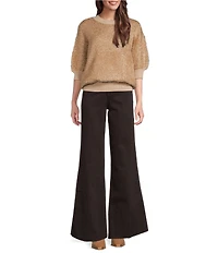 Dear John Maleni Knit Metallic Round Neck 3/4 Puff Sleeve Top