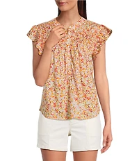 Dear John Rose Floral Print Split V-Neck Ruffle Cap Sleeve Top