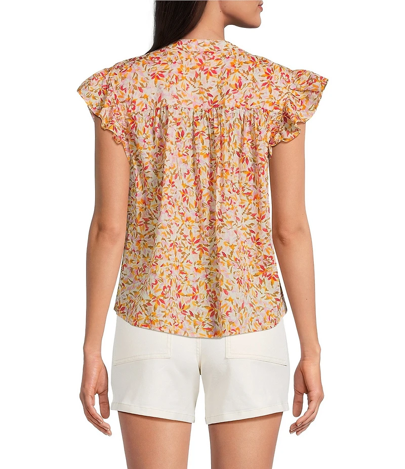 Dear John Rose Floral Print Split V-Neck Ruffle Cap Sleeve Top