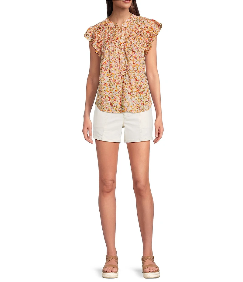 Dear John Rose Floral Print Split V-Neck Ruffle Cap Sleeve Top