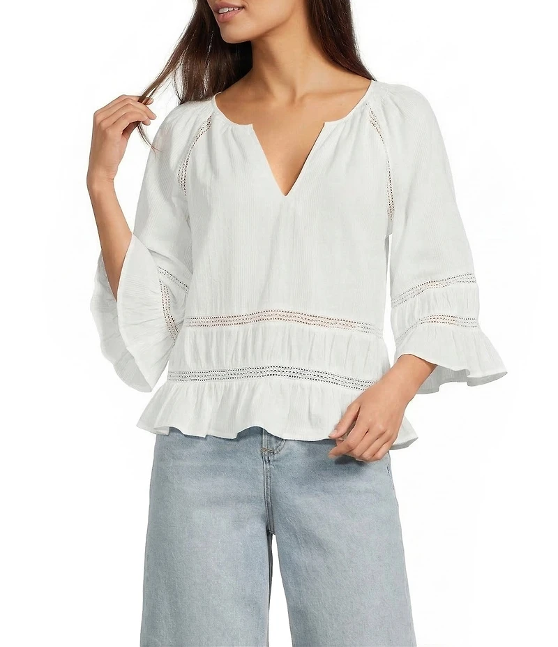 Dear John Sybil Woven Split V-Neck 3/4 Sleeve Ruffle Blouse