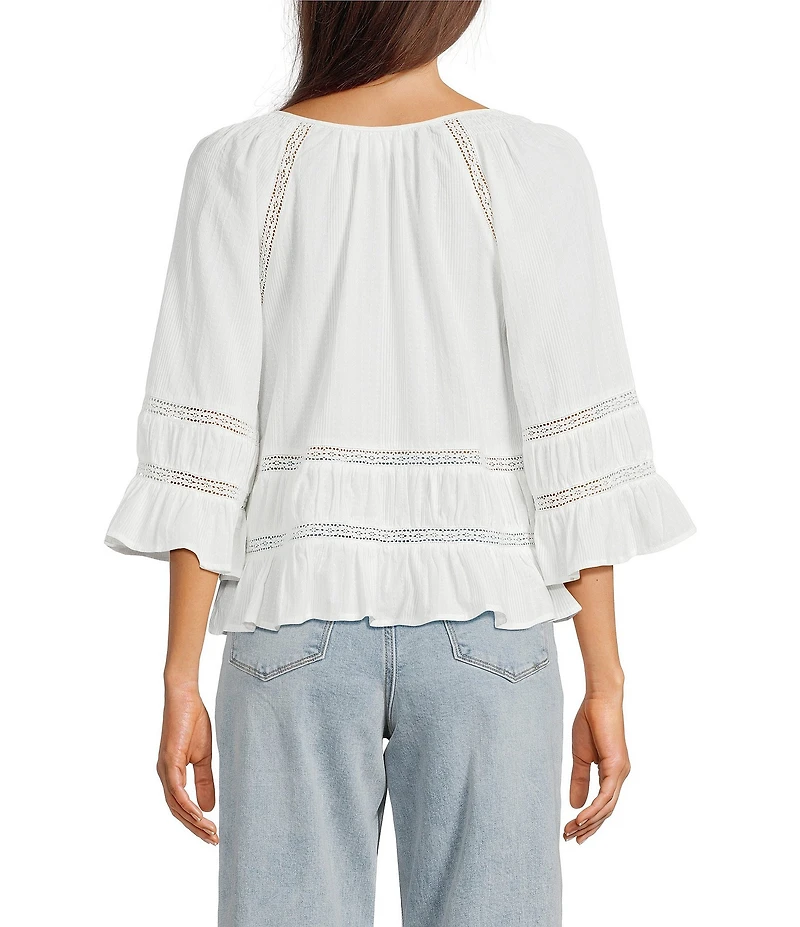 Dear John Sybil Woven Split V-Neck 3/4 Sleeve Ruffle Blouse